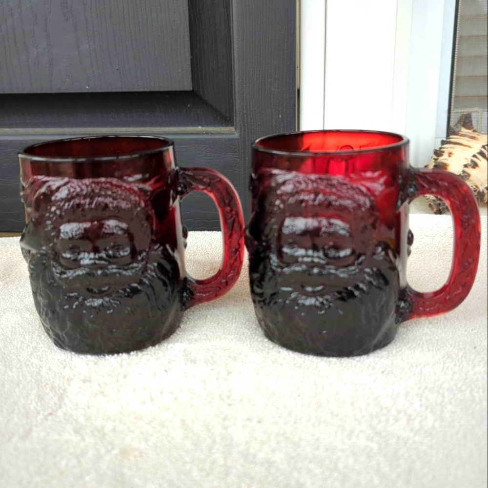 2 Vintage Arcoroc Red Glass Mug Coffee Cups Santa Claus Snowman Christmas France